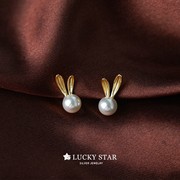 luckystar可爱兔子耳朵，无耳洞无痛隐形耳饰珍珠，耳环纯银假耳钉女