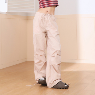 kingprince美式街头风薄款纸袋，裤阔腿裤休闲裤宽松粉色低腰长裤