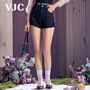 VJC/威杰思2023春夏女装黑色牛仔短裤字母印花高腰直筒短裤