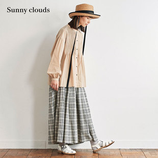 桑妮库拉sunnycloudsshuttlenotes日本面料女式棉麻格子裙裤
