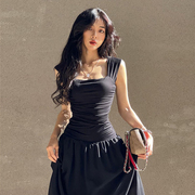 girlsat18法式宽肩带雪纺吊带，连衣裙女性感气质裙子黑色收腰长裙