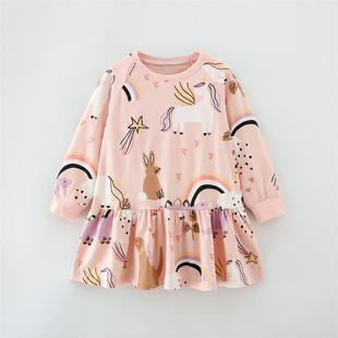 ins童装女童洋气连衣裙，秋季儿童粉红长袖，裙子宝宝可爱印花针织裙