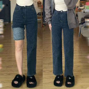 蓝灰色牛仔裤宽松直筒，女春秋大码小个子高腰显瘦梨型身材裤子