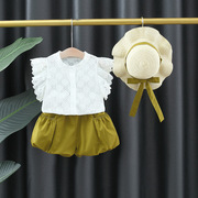 童装女童套装夏季婴幼儿童女，镂空提花t恤+花苞，短裤两件套韩版