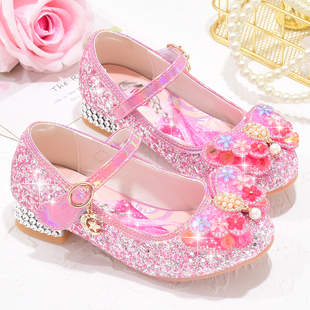 儿童高跟鞋子韩版女孩小公主单鞋春秋季软底舒适女童水晶鞋皮