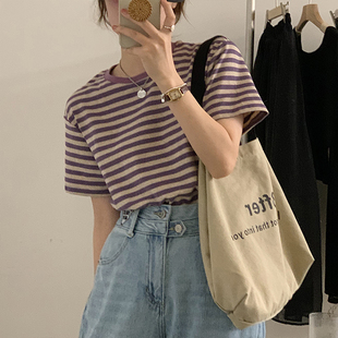 条纹T恤女2022夏季韩版chic宽松半袖短袖显白香芋紫正肩上衣