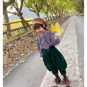 XIMF童装春秋女童甜美衬衫几何图案蝴蝶结长袖打底衫儿童上衣