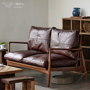客厅复古直排三人实木，沙发椅设计师北欧小户型，真皮沙发单双人组合