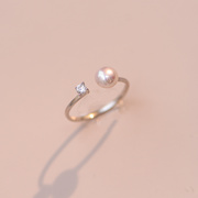 赛赛莉安天然光泽感珍珠，闪钻s925纯银开口可调节四爪戒指不掉色