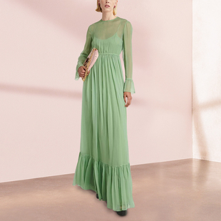 气质千金感连衣裙圆领法式超仙薄荷绿长裙夏假两件度假长袖裙子女