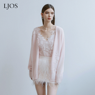 ljos嫩粉色蕾丝装饰羊毛背心，开衫女秋冬氛围，感名媛千金风短裙