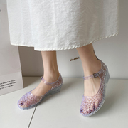 水晶透明凉鞋女夏一字式扣带罗马鞋果冻坡跟包头防水台塑料花园鞋