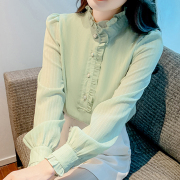 长袖雪纺衬衫女2023春装木耳边甜美衬衣高级感立领小衫上衣服