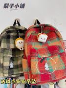 日系韩版2023秋冬羊羔绒红色格子双肩包书包旅行学院风男女书包