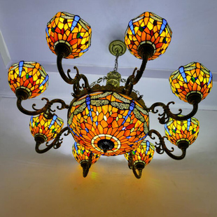 大型房间蜻蜓铁艺餐厅彩色玻璃灯具欧式卧室家用大厅智能吊灯