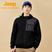 Jeep吉普加厚珠地针织外套男透气机能风工装夹克户外防风连帽开衫
