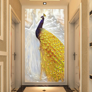 欧式3d玄关过道走廊，背景墙壁纸简约5d立体孔雀装饰壁画影视墙布
