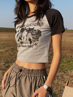 Y2K  Crop Top Tshirt 夏季时尚个性猫咪露脐装T恤短装美式辣妹装