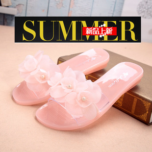 珠花朵水晶拖鞋夏季女士凉拖鞋室内外防滑一字型平底厚底沙滩鞋