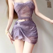 性感轻熟辣妹网纱套装女紫色蕾丝，吊带背心上衣包臀褶皱半身短裙子