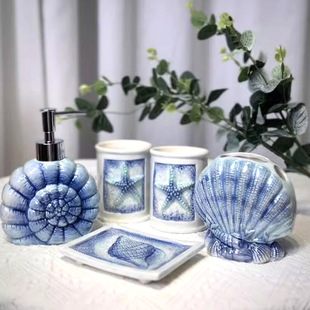 陶瓷蓝色海螺卫浴5件套，贝壳浴室洗漱套装，洗手液瓶口杯牙刷架皂碟