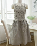 高档韩国进口围裙灰色，全棉蕾丝花朵围裙厨房，清洁围裙家务整理工