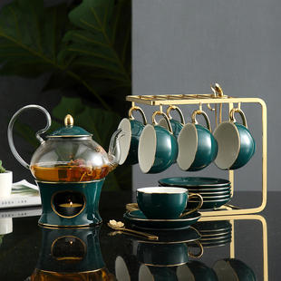 花茶壶套装欧式家用陶瓷下午茶，花果茶杯创意玻璃壶带过滤蜡烛加热