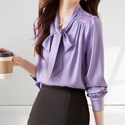 今年流行紫色缎面衬衫女设计感业衬衣设计感蝴蝶结雪纺衫法式上衣
