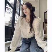 女士衬衫秋季设计感小众蕾丝娃娃领长袖时尚洋气时髦别致漂亮衬衫
