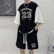 假两件篮球服套装男夏季潮牌华夫格运动短袖短裤男装搭配两件套潮