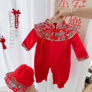 女宝宝新年服秋冬款加绒，保暖连体衣婴幼儿红色，喜庆拜年服百天周岁