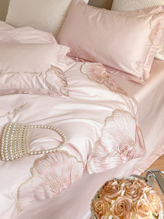 公主风100支匹马棉，全棉四件套花卉粉色，刺绣纯棉被套天丝床上用品