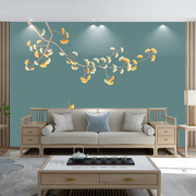 沙发新中式花鸟影视墙电视背景墙纸8D壁画卧室定制银杏叶壁布