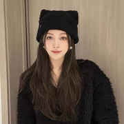 可爱猫耳朵针织帽女秋冬季保暖护耳日系甜美爱心刺绣羊毛卷毛线帽
