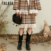 TALASA羊毛呢及膝半身裙2023冬复古印花高腰显瘦流苏设计小众