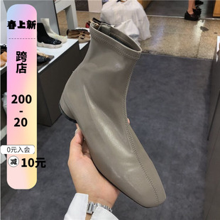 现韩国女鞋东大门2023秋欧美范简约(范简约)中线斜切方头后拉链小跟弹力靴