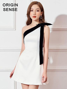 矮小个子不对称小白裙精致纯白色，斜肩黑白撞色修身短款连衣裙7