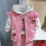 小熊童装春秋款女童婴童粉色棒球服花边外套T0JM211251B