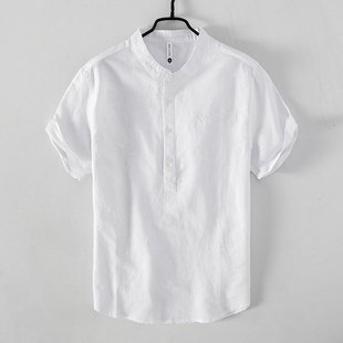 夏季男士亚麻短袖衬衫，日系青年棉麻半袖衫衬衣立领，工装寸衫加大码