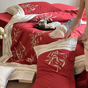 春夏新中式小众婚庆四件套，全棉刺绣床，上用品红色结婚床单被套纯棉