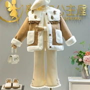 女童冬季套装2023韩版女宝宝皮毛一体加绒加厚外套裤子两件套