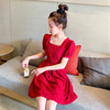 VISA薇莎 法式复古小红裙女夏季泡泡袖方领裙子赫本风红色连衣裙