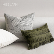 澜品现代法式绿色麂皮绒流苏腰枕轻奢客厅米灰色靠枕沙发靠垫靠包