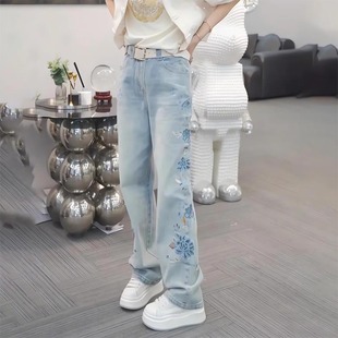 新中式刺绣牛仔裤女2024春夏季百搭显瘦国风直筒裤设计感长裤