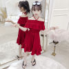 女童挂脖一字肩裙2024韩版夏季儿童洋气红色，裙子短袖连衣裙潮