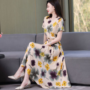 2025新款气质棉绸连衣裙女夏季短袖高档有口袋妈妈碎花大摆长裙子