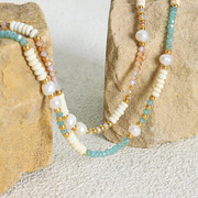 LEO STORES风格多巴胺女孩天然淡水珍珠玻璃石串珠优雅气质项链