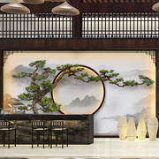 新中式山水客厅沙发背景墙布，8d立体浮雕壁纸，办公室酒店迎客松壁画