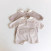 韩版ins海军风长袖短爬两口袋纯色哈衣翻领婴幼儿童装纯色百搭
