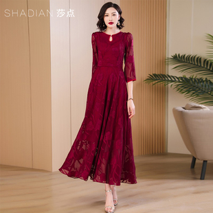 雪纺蕾丝连衣裙酒红色长裙新中式，七分袖裙子女，夏季国风显瘦长款